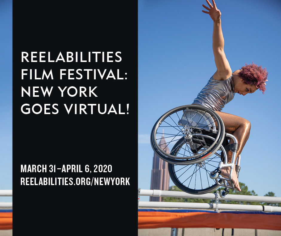 ReelAbilities Film Festival poster with image of a wheelchair user doing acrobatics.