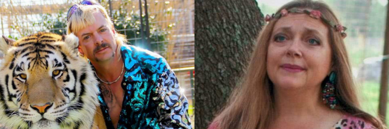 Netflix 'Tiger King' Review From a Survivor of Narcissistic Abuse Split screen of Joe Exotic posting with a tiger (left) and Carole Baskin (right)