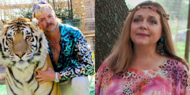 Split screen of Joe Exotic posting with a tiger (left) and Carole Baskin (right)