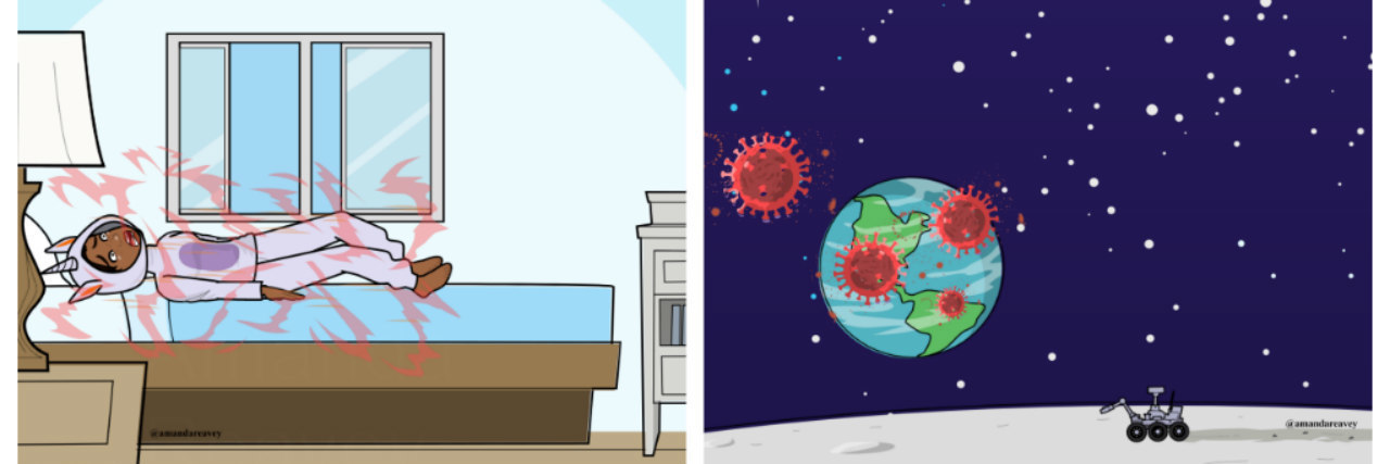 Quarantine Comics: A Day in the Life of Someone With Mental Illness image of woman in bed alongside Welcome to Quarantine Life. The world is closed (image of world with coronavirus images superimposed over it)