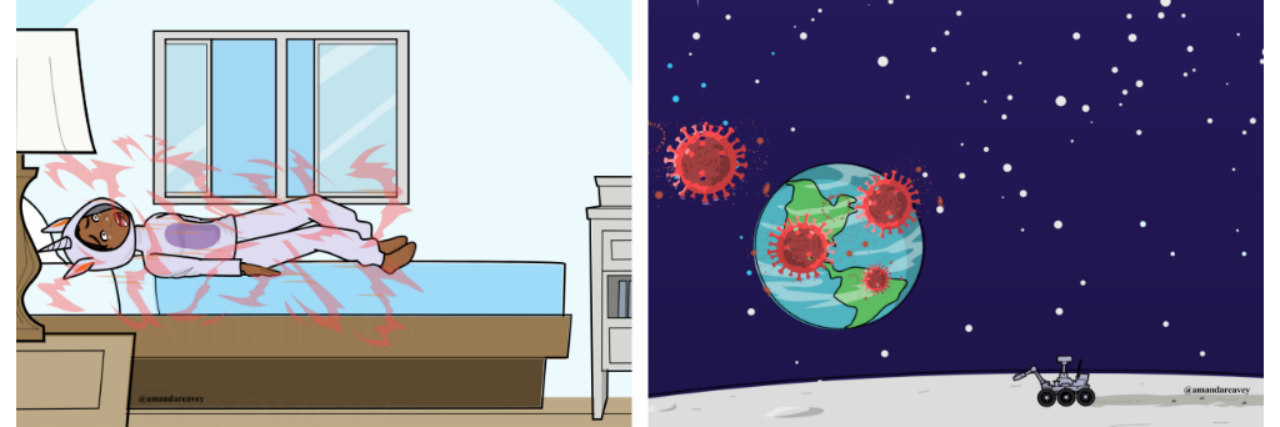 image of woman in bed alongside Welcome to Quarantine Life. The world is closed (image of world with coronavirus images superimposed over it)