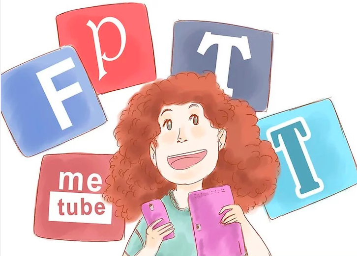 A woman surrounded by social media logos