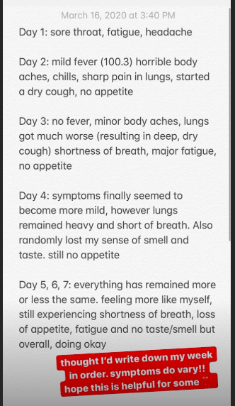 Rachel Matthews' Twitter story explaining how she lost her sense of smell and taste of day 4 of having COVID-19