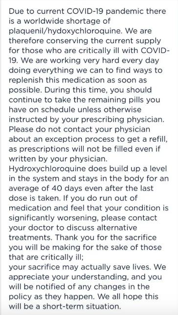 Note to lupus patient denying drug refill from Kaiser Permanente
