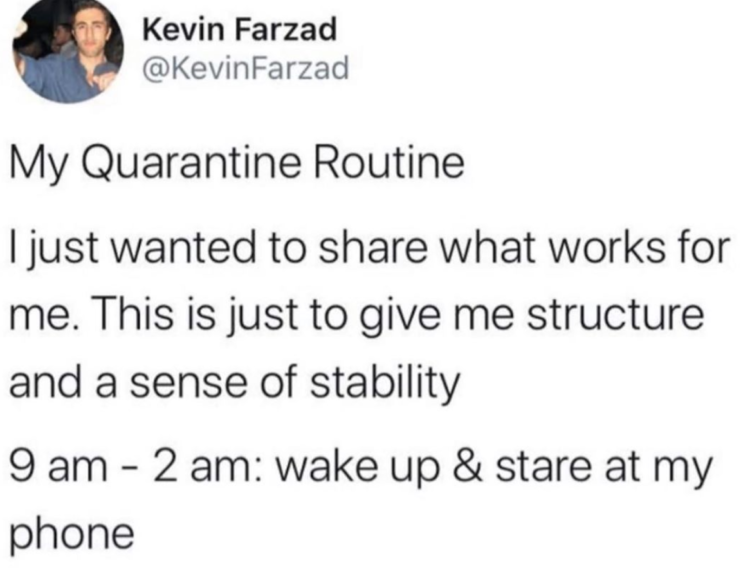 Quarantine ROutine: Just want to share what works for me. This is just to give me struvture and a sense of stability. 9am-2am: wake up and stare at my phone 