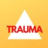 Photo of a white triangle on a yellow background with the words Trauma over it in red.