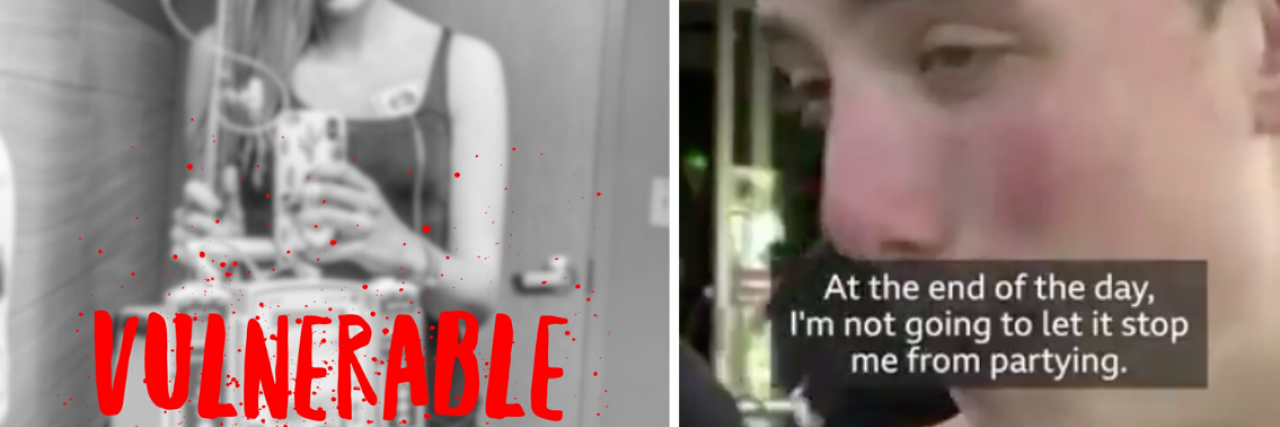 What Spring Breakers in Miami Need to Know About COVID-19 Two photos: A woman with the world vulnerable in front of it, and a man with a backwards baseball cap