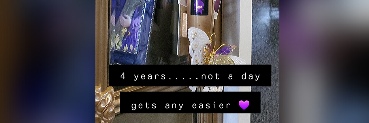 Grieving the Anniversary of My Daughter's Suicide During COVID-19 Flowers and a photograph of a young girl. Over it, it reads, "4 years, not a day gets any easier"