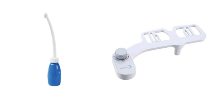 Portable bidet is on the left and a bidet is on the right