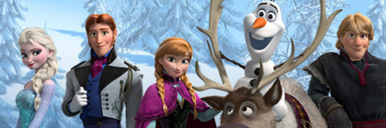 Frozen characters Elsa, Hans, Anna, Olaf, Kristoff and Sven standing in the snow