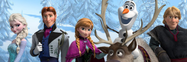 Frozen characters Elsa, Hans, Anna, Olaf, Kristoff and Sven standing in the snow