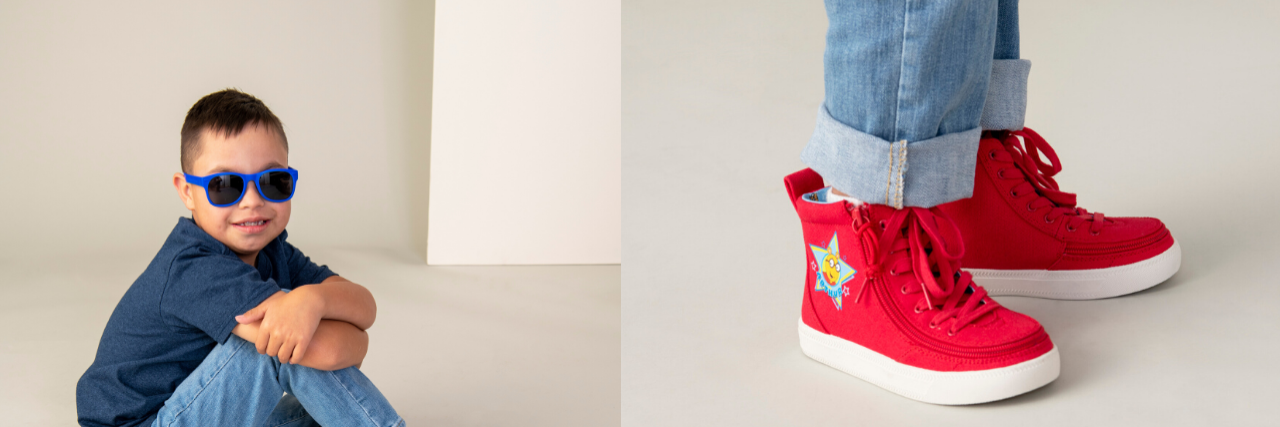 Zappos Adaptive Launches Arthur's Inspired Collection On the left, a boy in a blue shirts and jeans is sitting down. He is wearing white shoes and blue sunglasses. On the right, there is a picture of a kid wearing red sneakers and jeans.