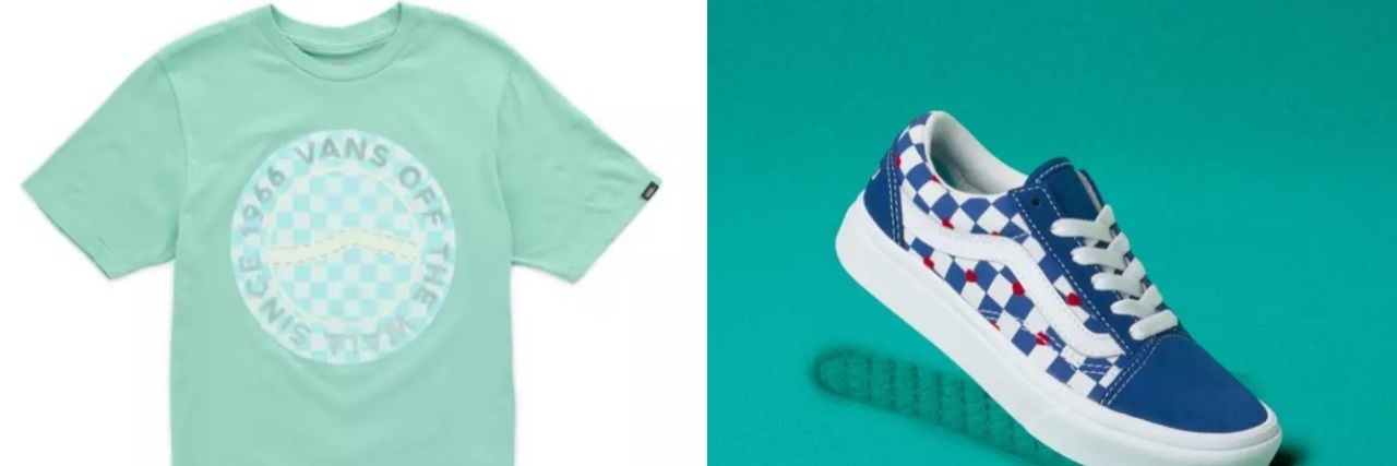 The image on the left is a light teal t-shirt against a white background, the image on the right is a blue, white and red sneaker against a teal background.