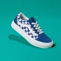 The image on the left is a light teal t-shirt against a white background, the image on the right is a blue, white and red sneaker against a teal background.