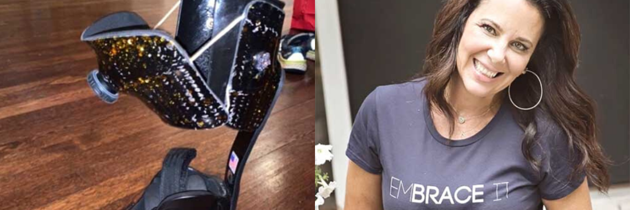Images of a glittery leg brace and the author wearing a shirt that says "EmBRACE It."