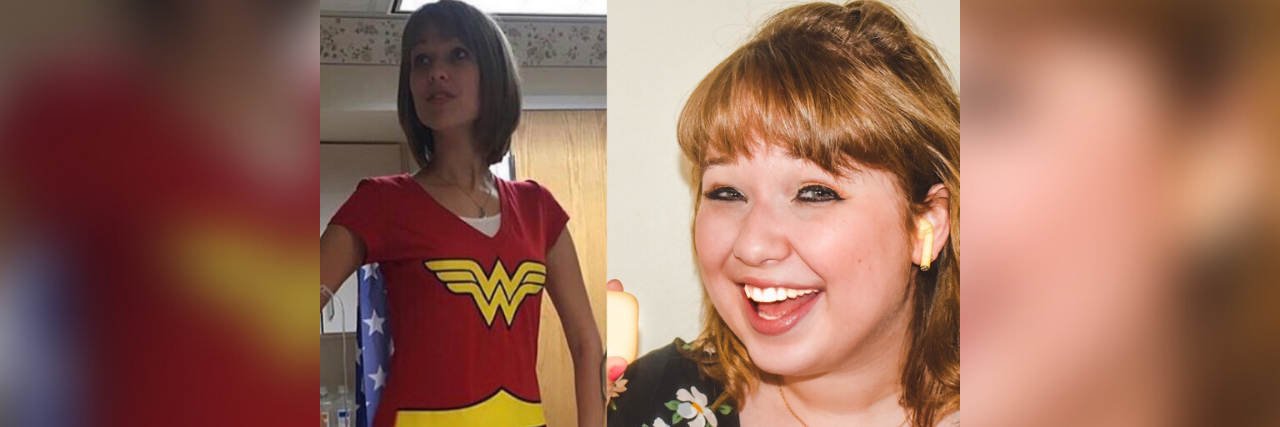 Dealing With Survivor's Guilt as Someone With a Rare Disease Two images, one of the contributor wearing a wonderwoman shirt and the other smiling at the camera