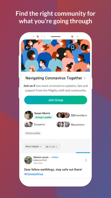 Screenshot of a group on The Mighty called Navigating Coronavirus Together. The screenshot includes centered text at the top reading, Find the right community for what youre going through.