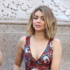 Sarah Hyland wears a red, blue and white dress on set of Modern Family