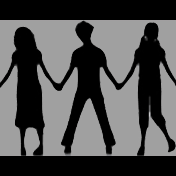 Black and grey silhouettes of three people holding hands