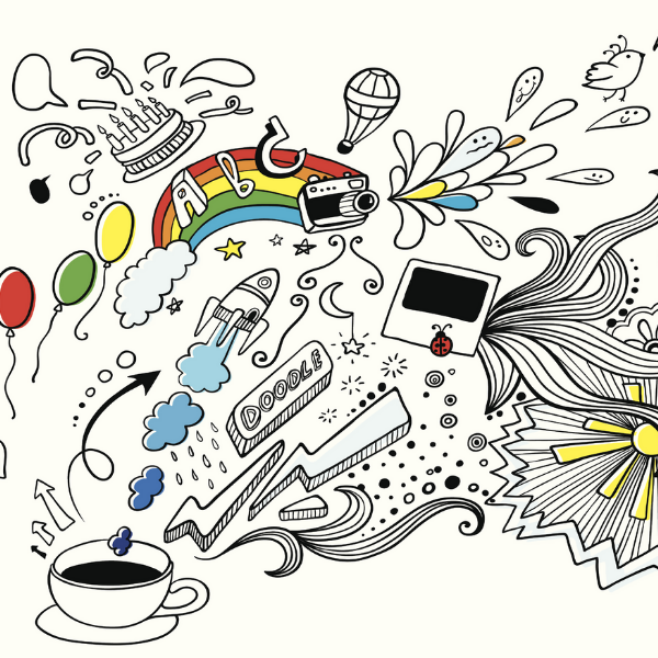 A drawing of coffee with multiple doodles coming out of the coffee cup: a space ship, balloons, lightening bolts, a rainbow, a polaroid photo, birds, a sunburst, the moon and stars, arrows and a birthday cake.