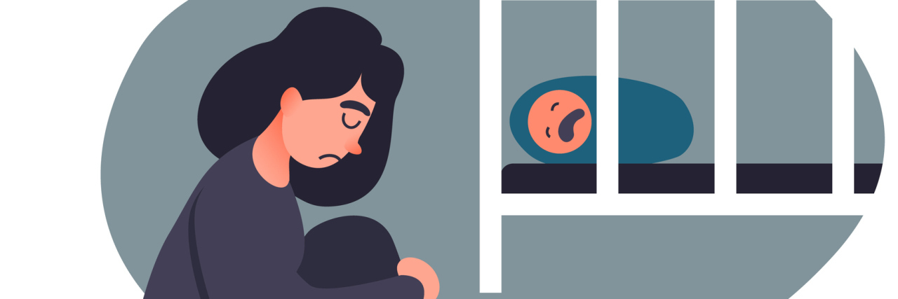 How to Cope with Postpartum 'Scary Thoughts' During COVID-19 illustration of a sad woman sitting on the floor with her baby crying in a crib