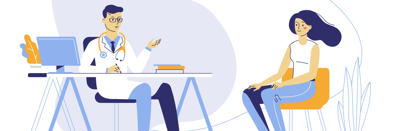 We Need Better Communication Between Psychiatrists and Patients illustration of woman sitting in a chair talking to her doctor