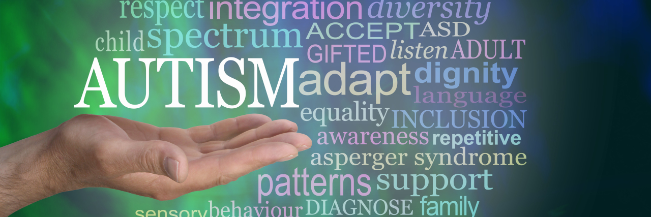 Hand with open palm up with the word AUTISM floating above surrounded by a relevant word cloud.