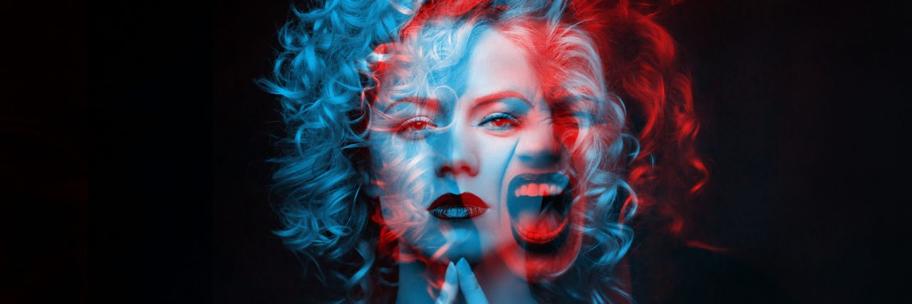 People With Disabilities Are Allowed to Be Angry Calm and angry woman. Double color exposure.