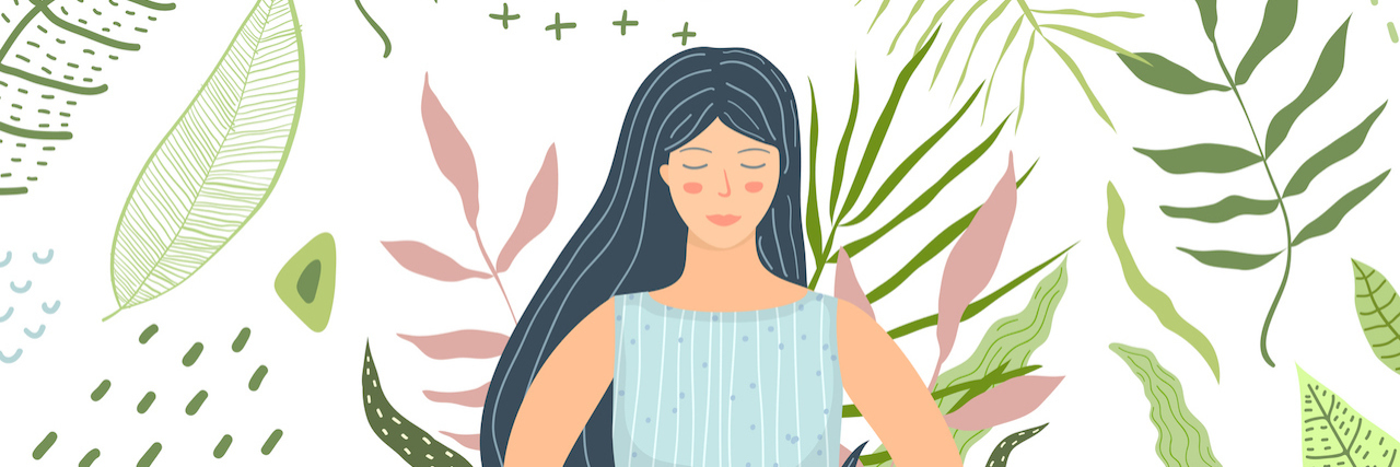 Illustration of peaceful woman surrounded by nature