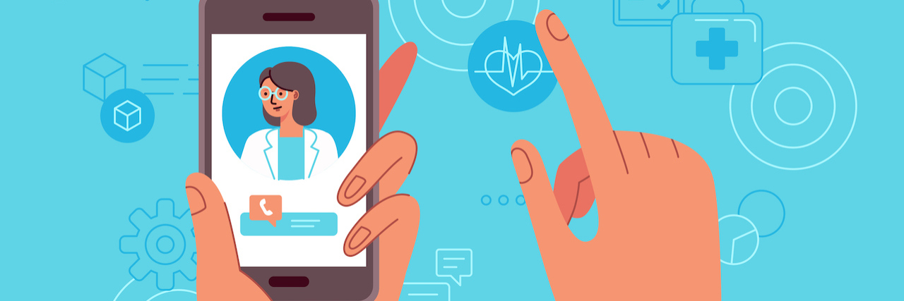Illustration of two hands holding a cell phone with a telehealth provider on the screen