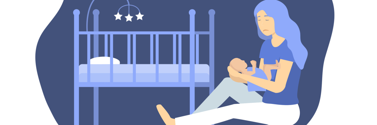 How to Spot and Support Friends Struggling With Postpartum Depression illustration of a mother on the floor with her newborn, sad, with a crib beside her