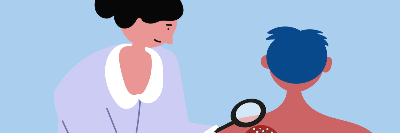 Dermatologists Highlight Skin Rash as Potential COVID-19 Symptom Female-presenting doctors examines skin marks with a magnifying glass on a man's back (illustration)