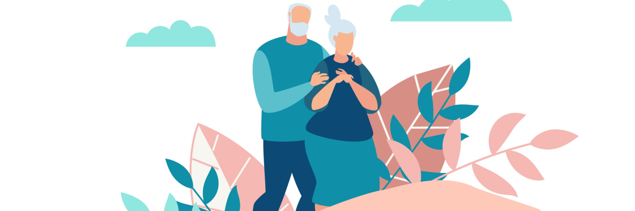 illustration of two hands holding two elderly people with their arms around each other