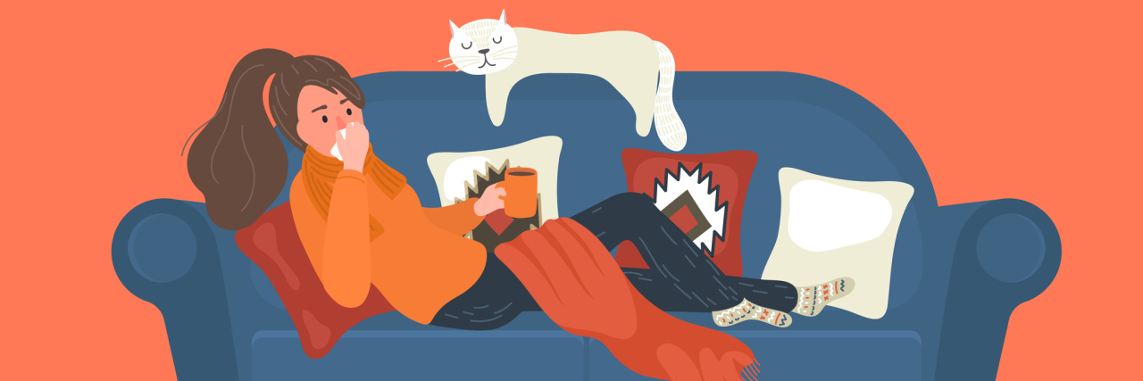 8 Non-Respiratory Atypical Symptoms of COVID-19 Ill woman lays on sofa at home and blowing her nose.