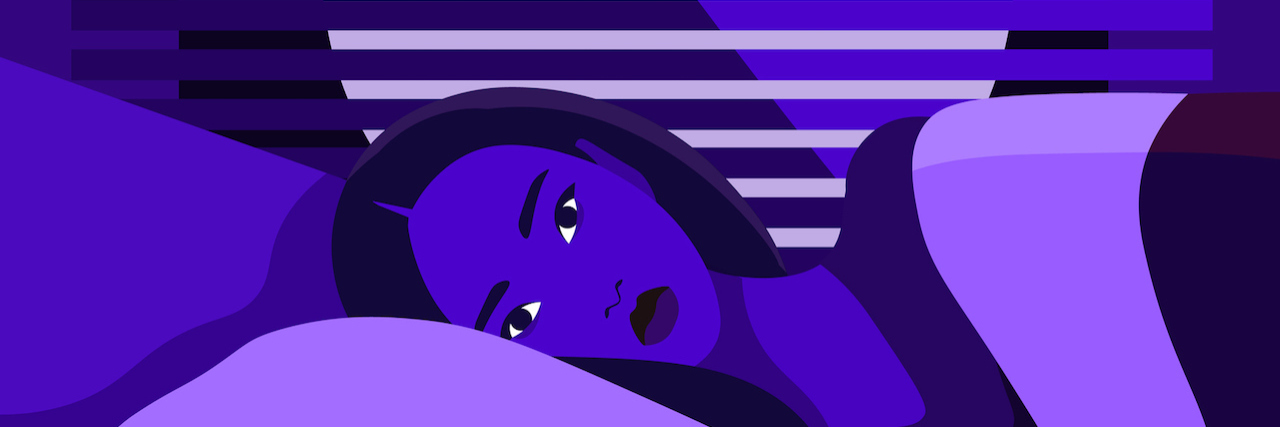 Woman lying in bed with her eyes open, illustration