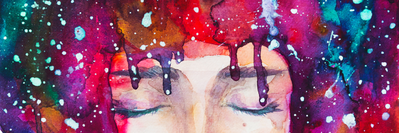 Grieving What Trauma Took From Me and Learning to Move Forward watercolor of top of woman's head with red/blue hair