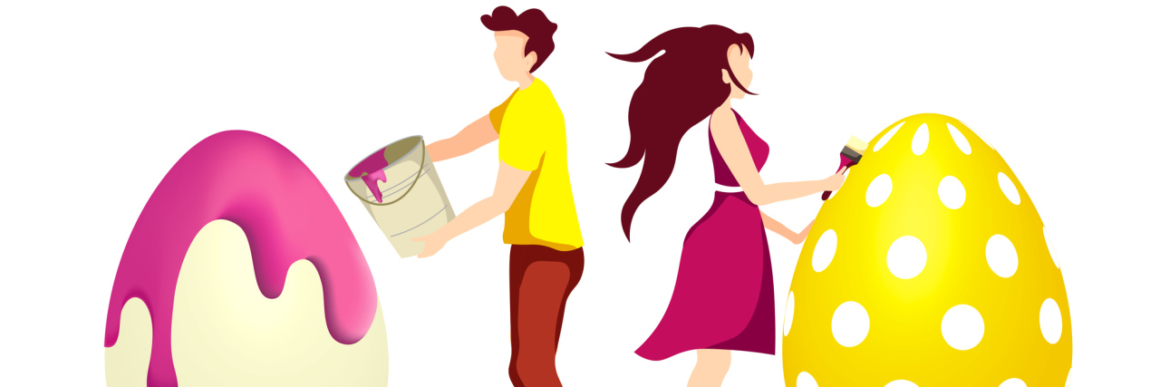 11 Ways to Still Enjoy Easter, Even in COVID-19 Isolation illustration of a man and woman back to back painting their own easter eggs