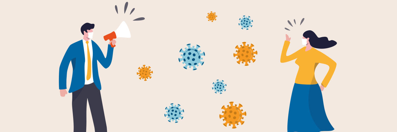 Helping People With Autism Communication Challenges During COVID-19 Social distancing drawing of people speaking from six feet apart.
