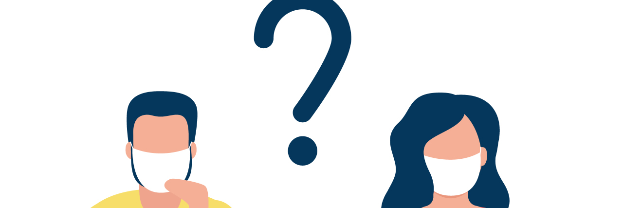 Communicating With People Who Have Hearing Loss During COVID-19 Man and woman in respiratory masks with question mark.