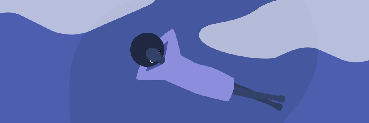 Why It's OK to Take a Nap Every Day During the COVID-19 Pandemic an illustration of a woman lying on her back in the sky, surrounded by clouds