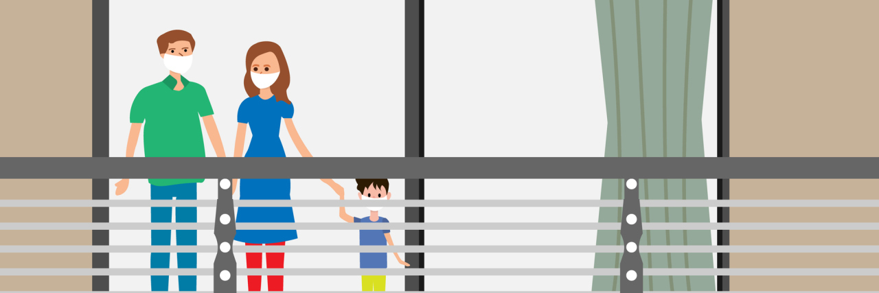 Thank You for Staying Home, From Someone Who's Immunocompromised illustration of a mother, father and child standing on a balcony with masks on