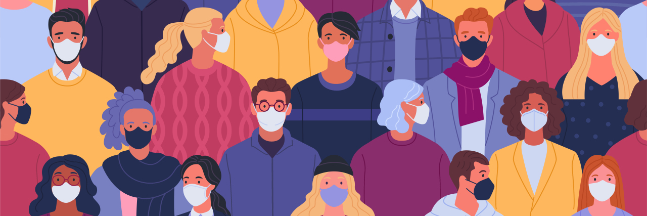 Vector illustration of multiethnic crowd of people in medical masks in trendy flat style