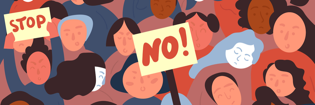 Illustration of a protest, with signs that read "No" and "Stop"