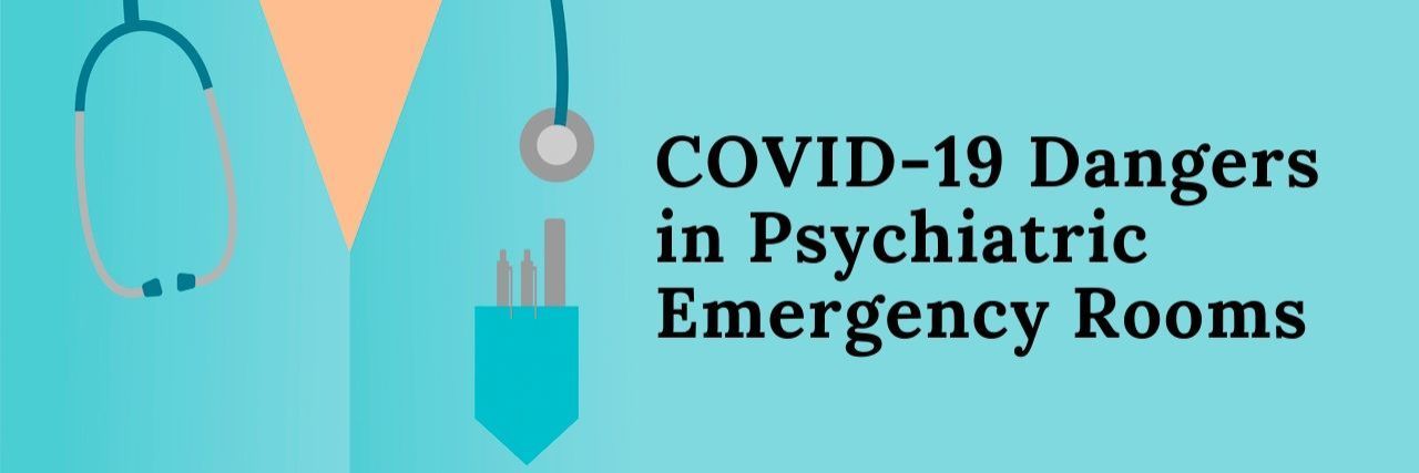 Nurse's torso wearing green scrubs and a stethoscope with pens in the pockets, along with title text Hidden COVID-19 Dangers in Psychiatric Emergency Rooms