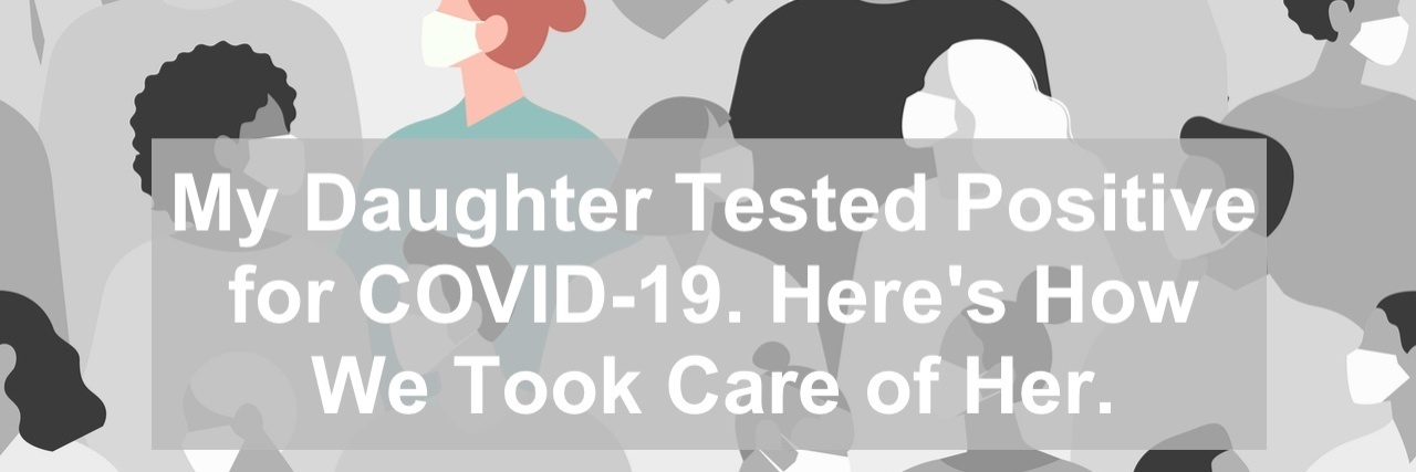 How to Take Care of Someone With COVID-19 in Your Home People in white medical face mask. Only one person is illustrated in color. The rest are in black and white.
