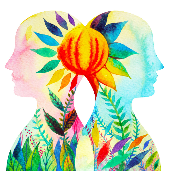 Watercolor of two people who are back to back. A sun connects the back of their heads together and greenery connects their bodies together.