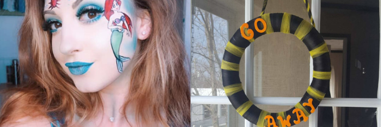 Ridiculous Things People Are Doing in COVID-19 Quarantine woman with the little mermaid painting on face and image of homemade wreath that says "Go away"