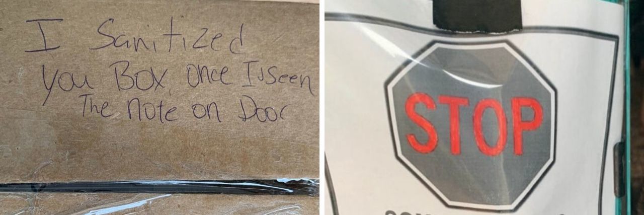 Sanitized FedEx box with handwritten note and autoimmune disorder sign on front door