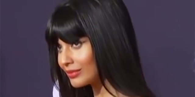 Jameela Jamil is on the red carpet and is wearing silver and black sparkly dress