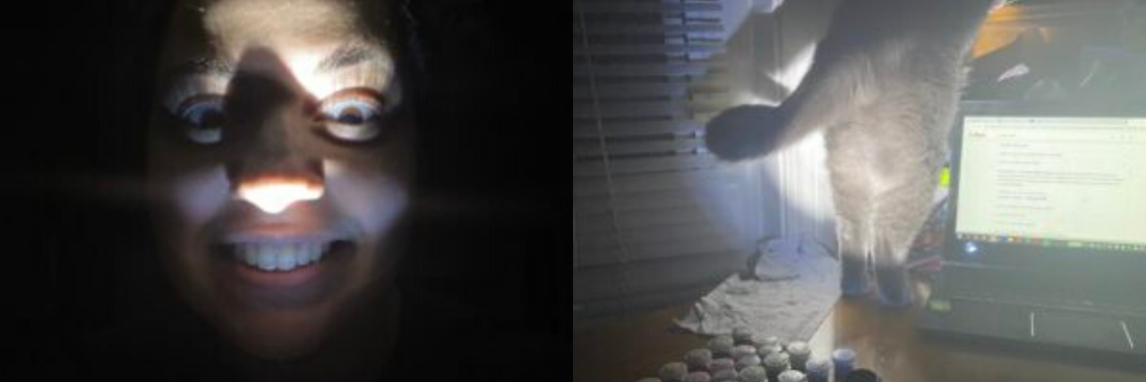'Weird' Things I Do Because of My OCD and Why Logic Won't Help photo of author on the left, shining a flashlight in her face, and photo on right of author shining a flashlight on her cat